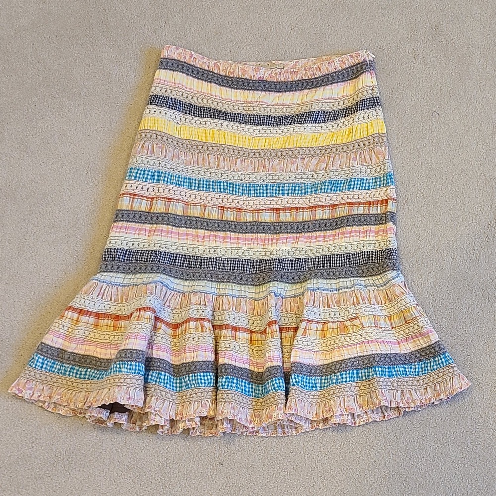 Y2K Boho Patchwork Stripe Gingham Crochet Lace Mermaid Skirt Size Small Coquette